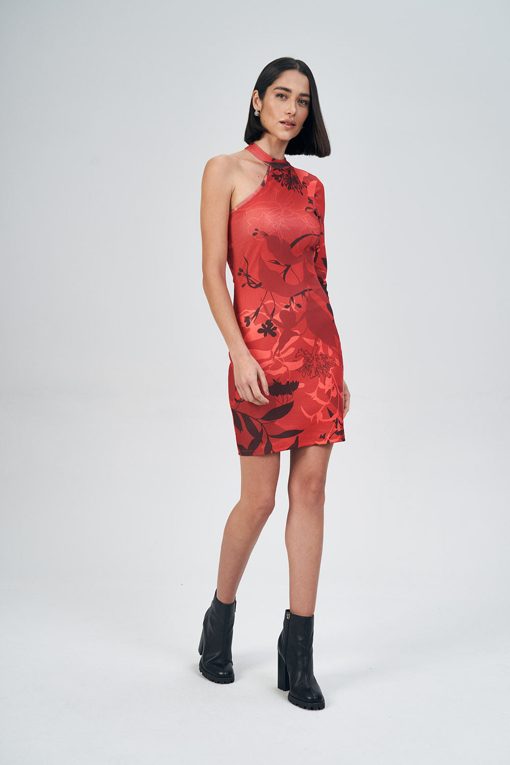 Vestido Ombro Único Stamp Feminino Acostamento Red Blossom