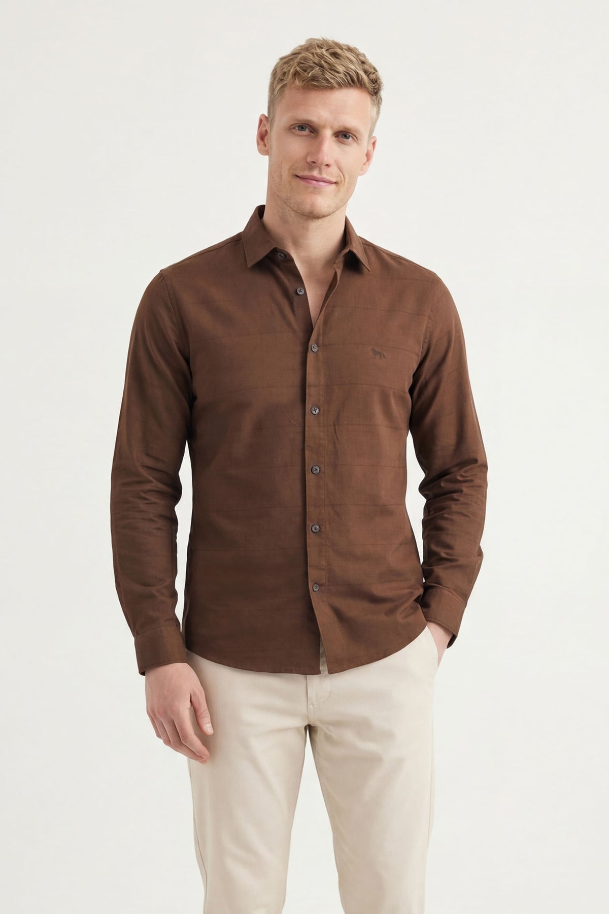 Camisa Manga Longa Social Casual Masculina Acostamento Marrom