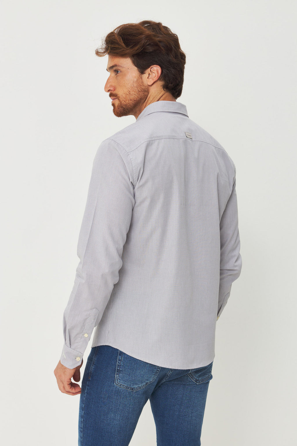 Camisa Manga Longa Scrivania Masculina Acostamento Micro Vichy Cinza