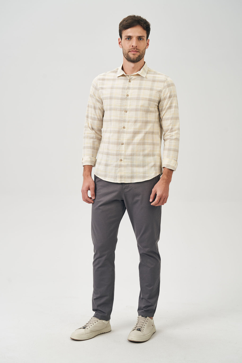 Camisa Manga Longa Mix Xadrez Masculina Acostamento Xadrez Off White C/ Amarelo E Bege