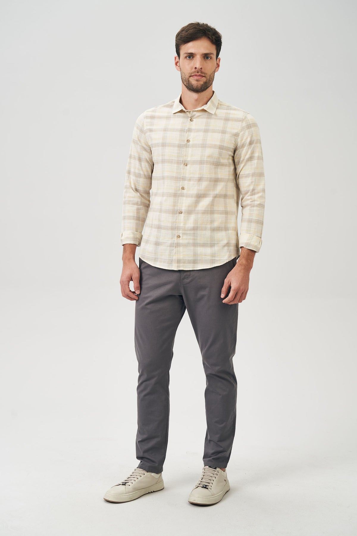 Camisa Manga Longa Mix Xadrez Masculina Acostamento Xadrez Off White C/ Amarelo E Bege