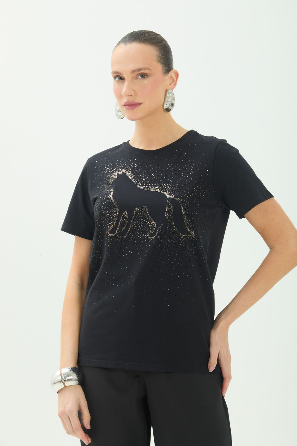 T-Shirt Lobo Brilho ACT Feminina Preto