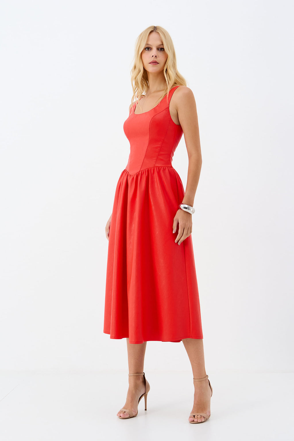 Vestido Midi PU Saia Fluida ACT Feminino Hot Red