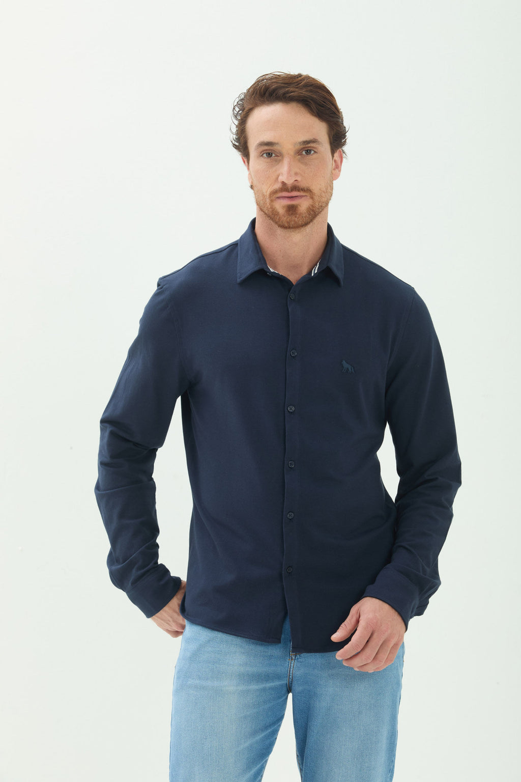 Camisa Manga Longa Com Bordado Masculina Acostamento Marinho