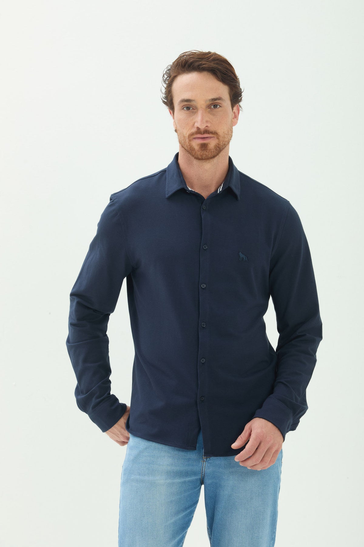 Camisa Manga Longa Com Bordado Masculina Acostamento Marinho