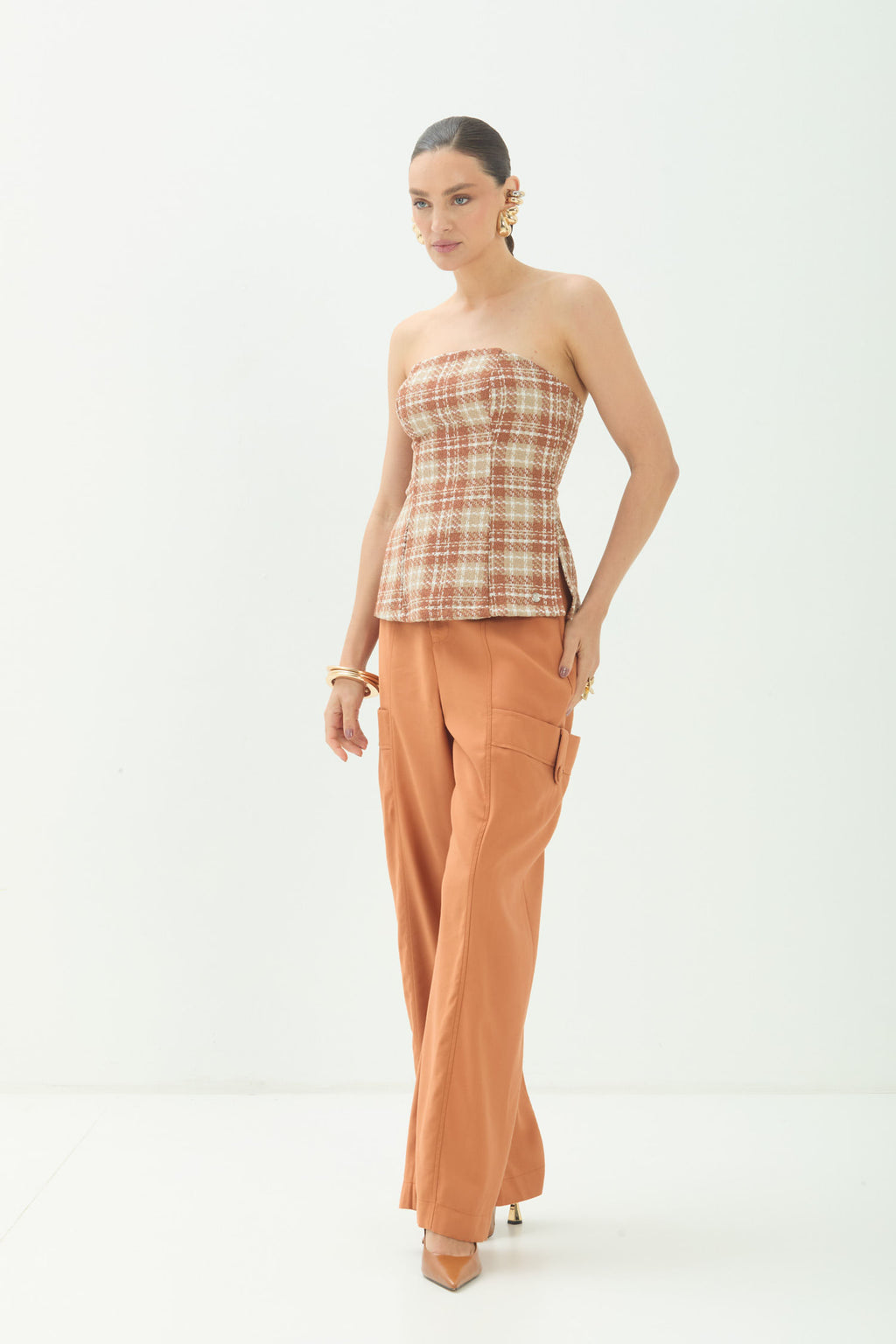 Blusa Sem Alças Texturizada ACT Feminina Sepia C/ Sand