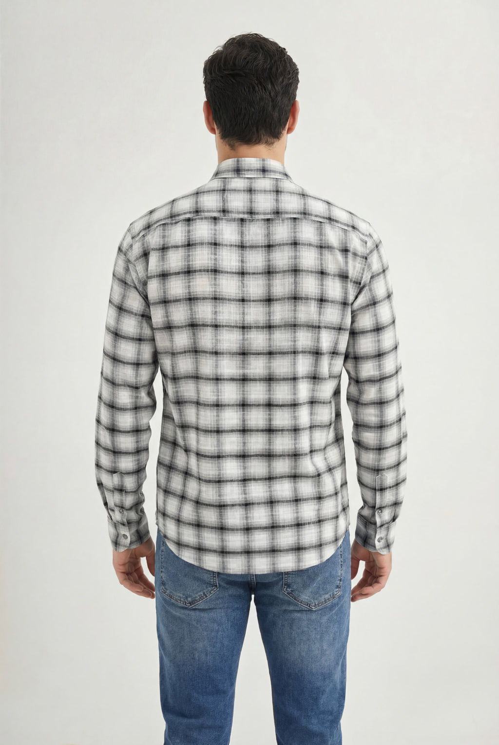Camisa Manga Longa Xadrez Masculina Acostamento Xadrez Cinza