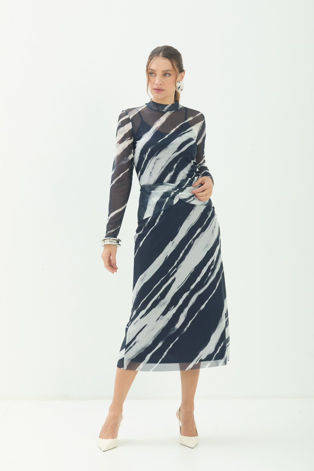 Saia Midi Estampada ACT Feminina Royal Stripes