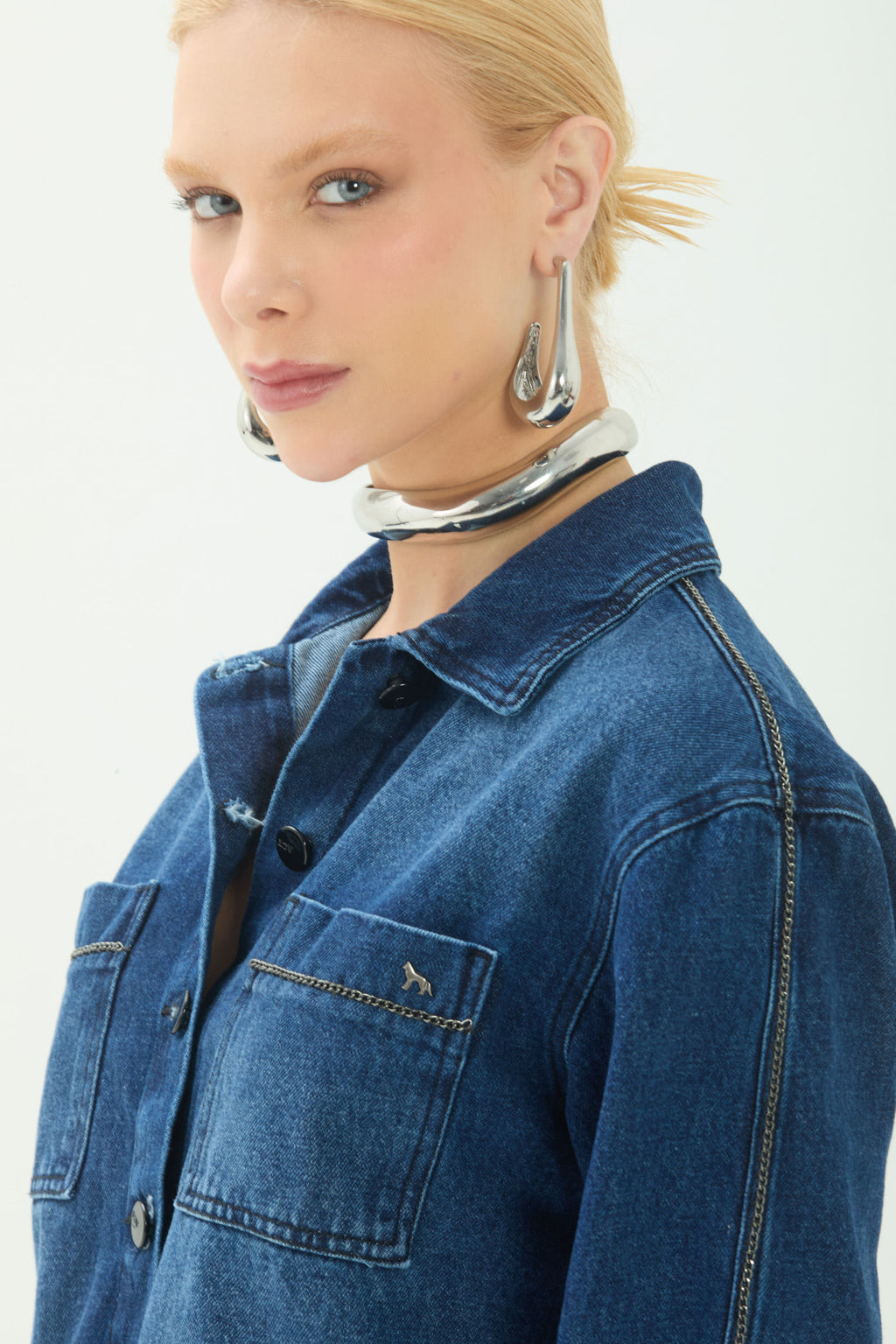 Jaqueta Jeans Com Bolsos ACT Feminina Jeans Escuro