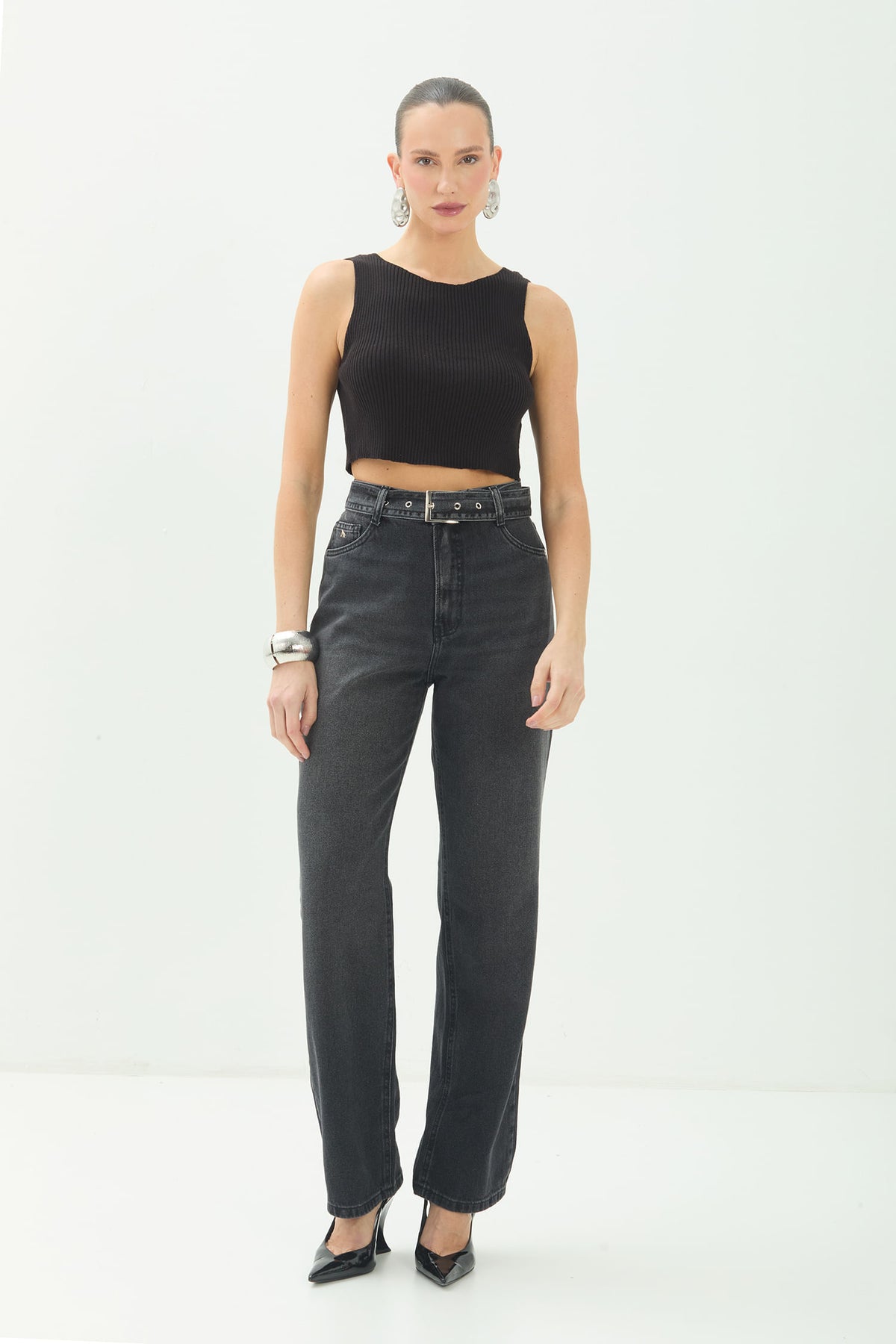 Calça Jeans Straight Com Cinto ACT Feminina Jeans Escuro