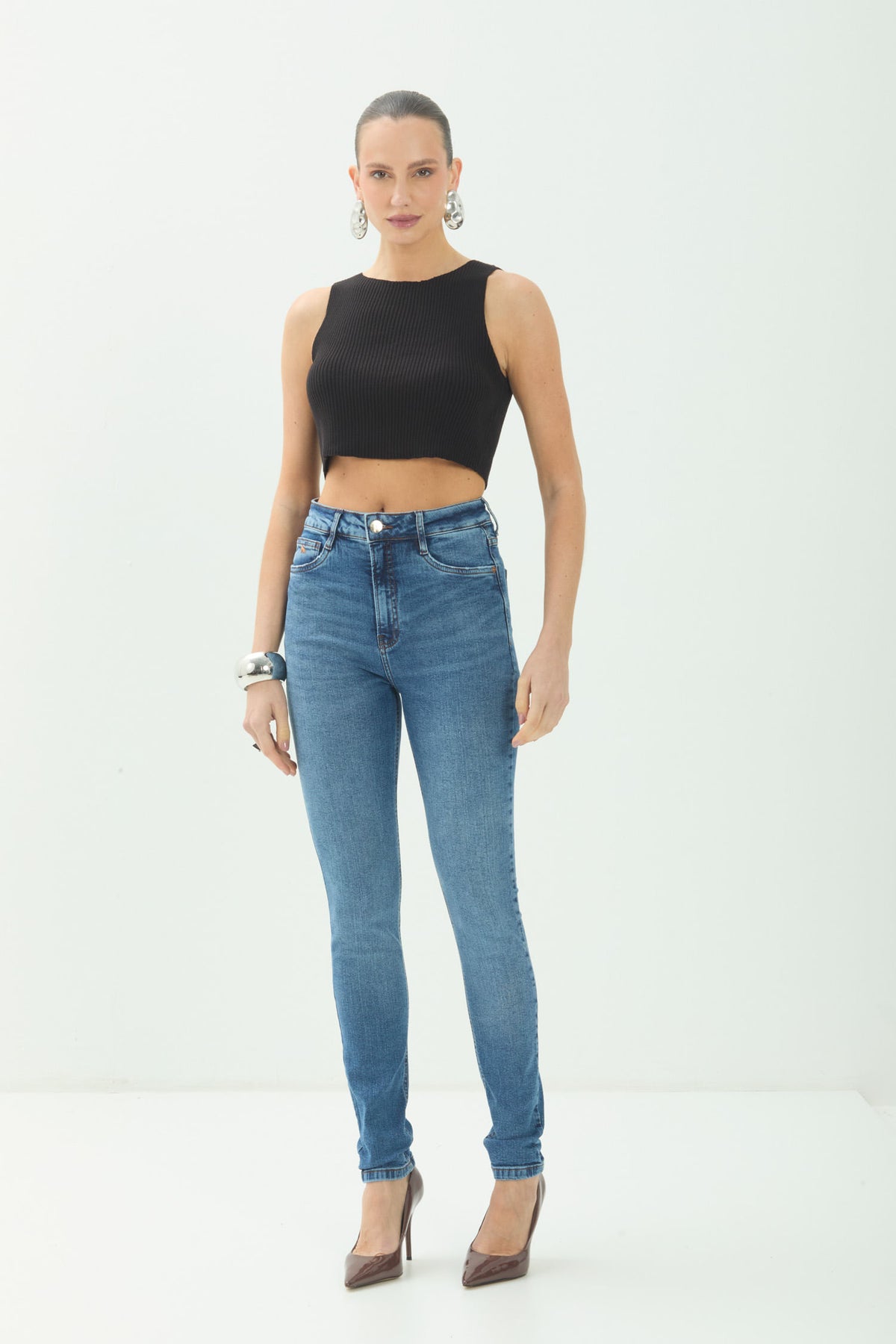 Calça Jeans Skinny Cintura Alta ACT Feminina Jeans Escuro