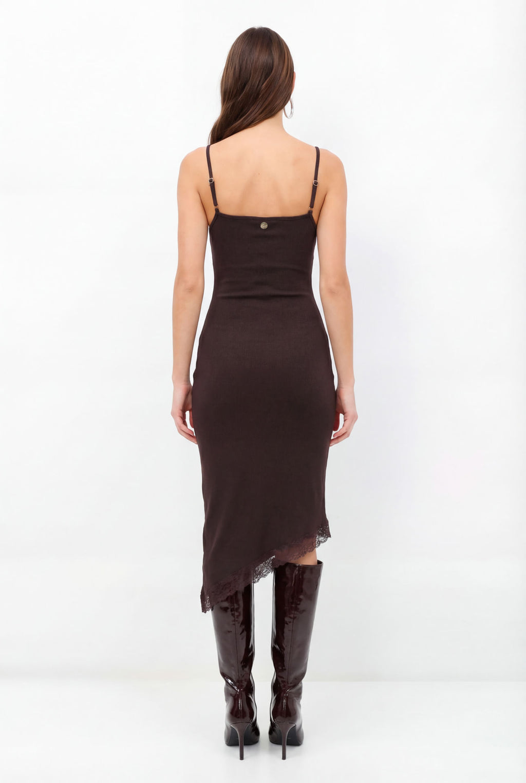 Vestido Midi Justo Com Renda ACT Feminino Deep Brown
