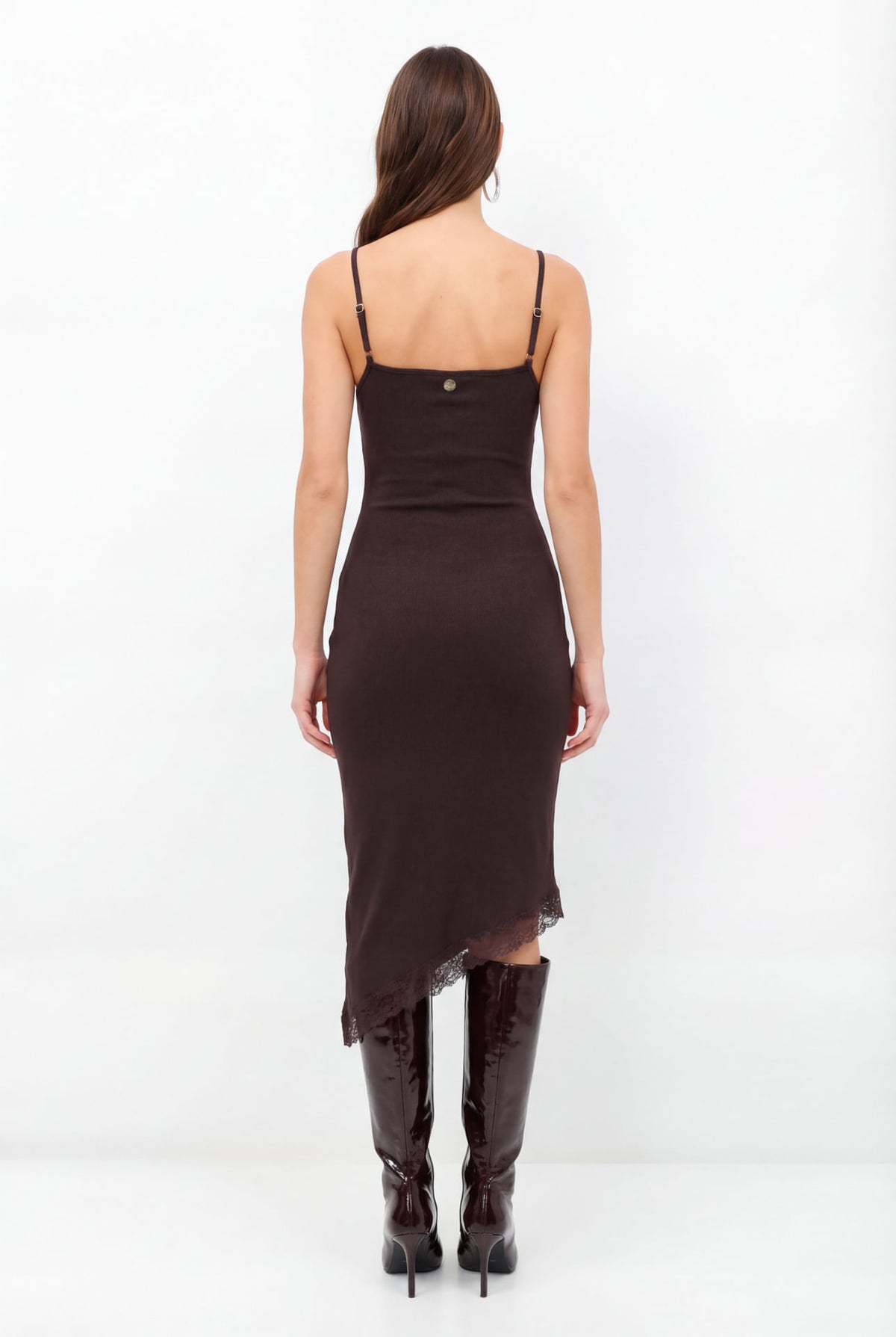 Vestido Midi Justo Com Renda ACT Feminino Deep Brown