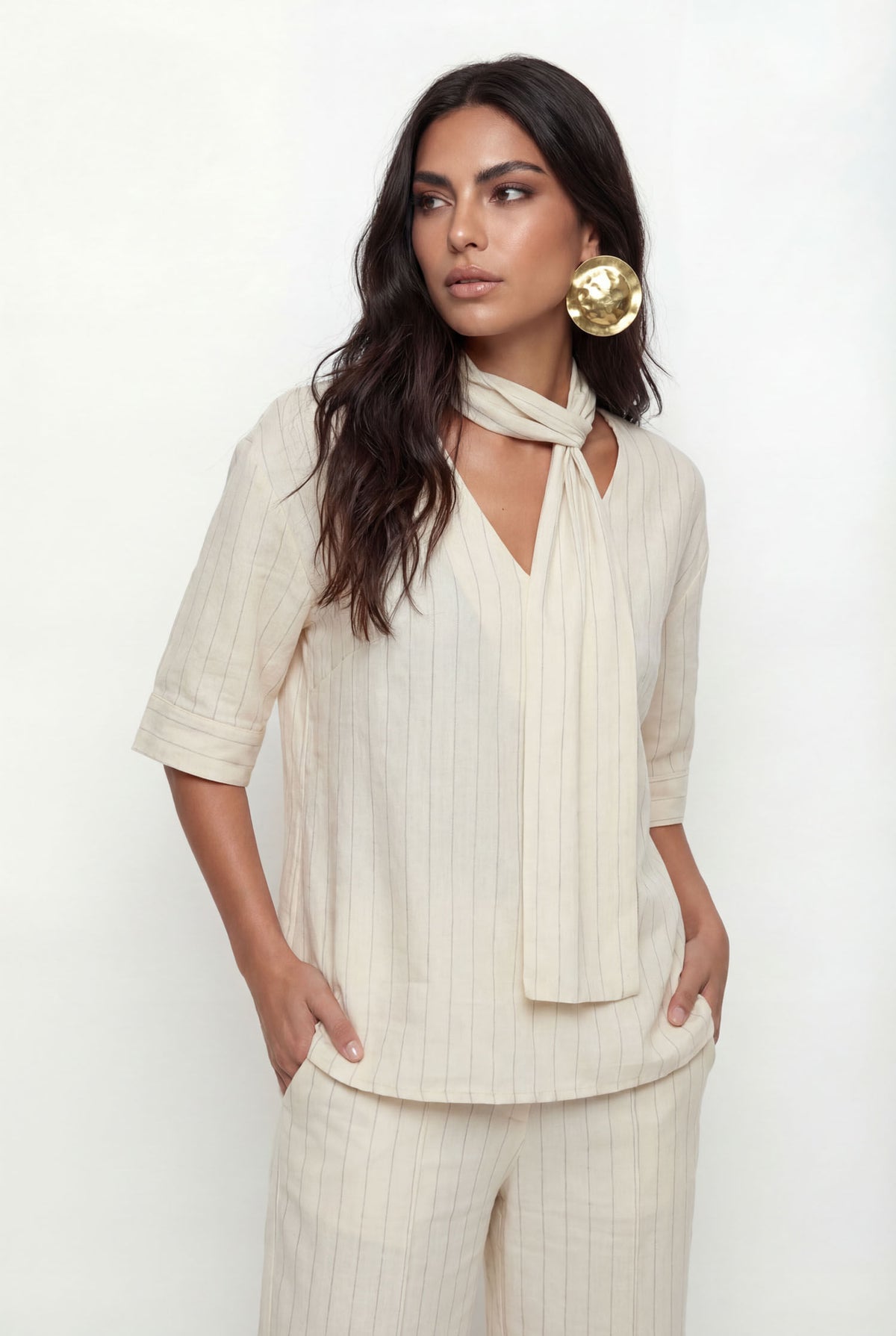 Blusa Rayon Com Linho Listrado ACT Feminina Listrado Natural