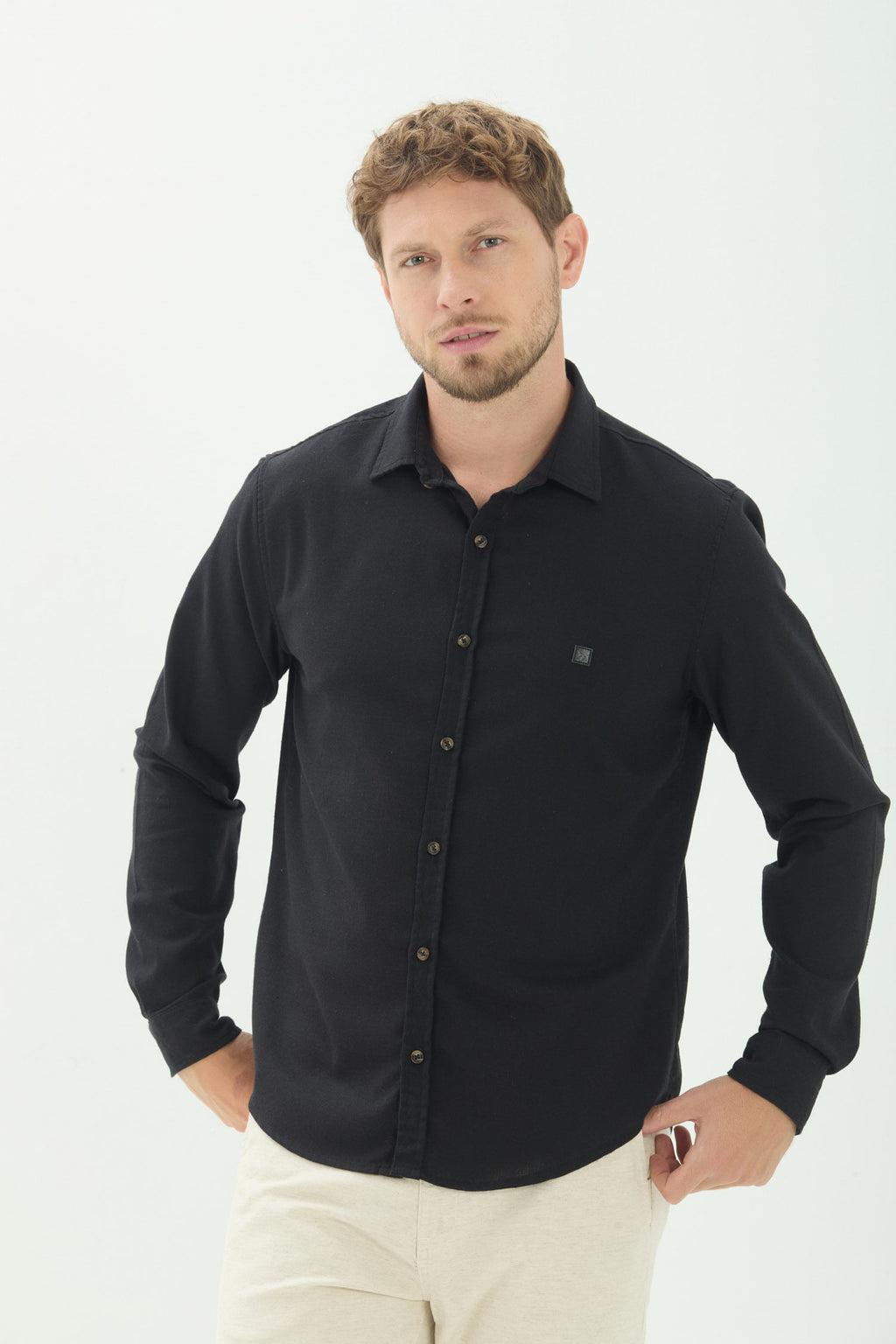 Camisa Casual Manga Longa Masculina Acostamento Preto