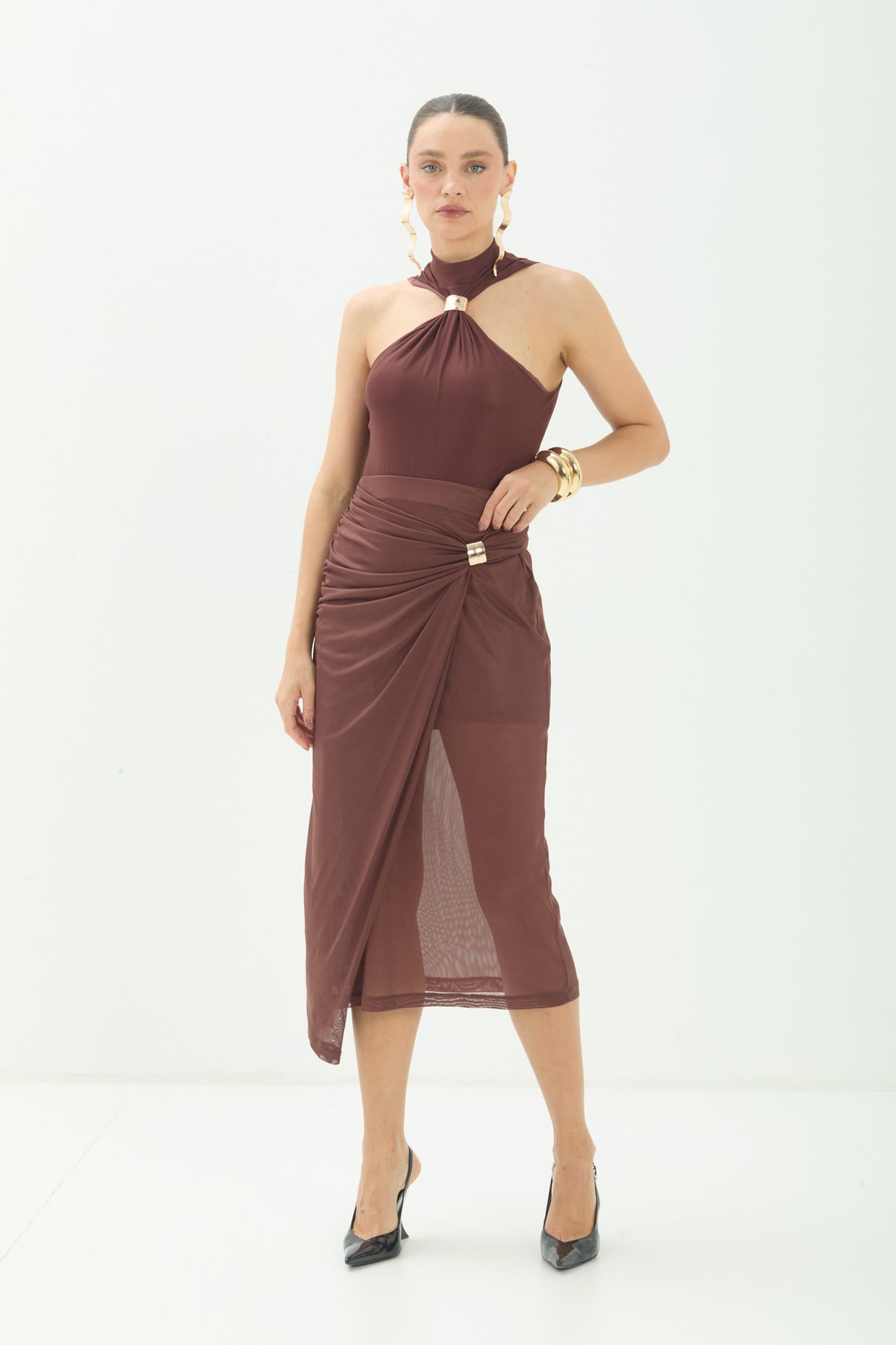 Saia Midi Em Tule Com Drapeado ACT Feminina Choco