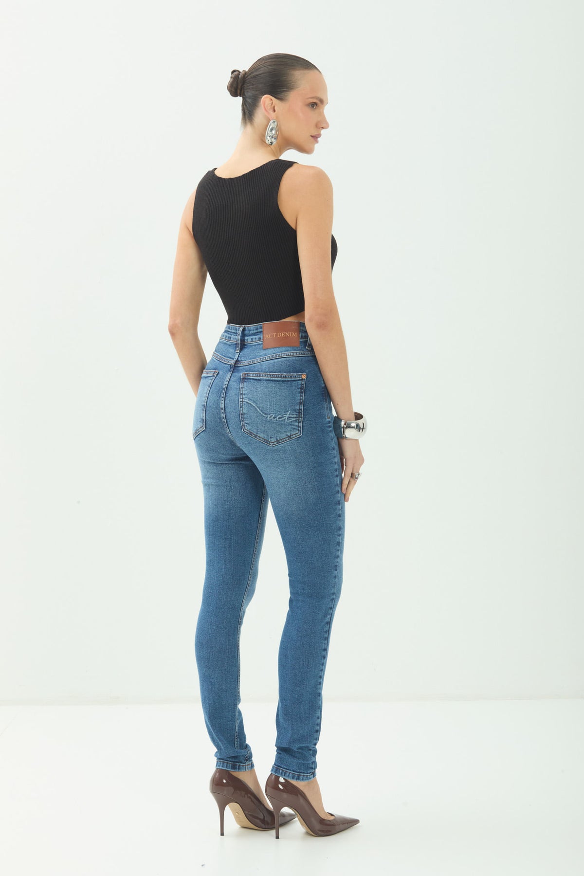 Calça Jeans Skinny Cintura Alta ACT Feminina Jeans Escuro