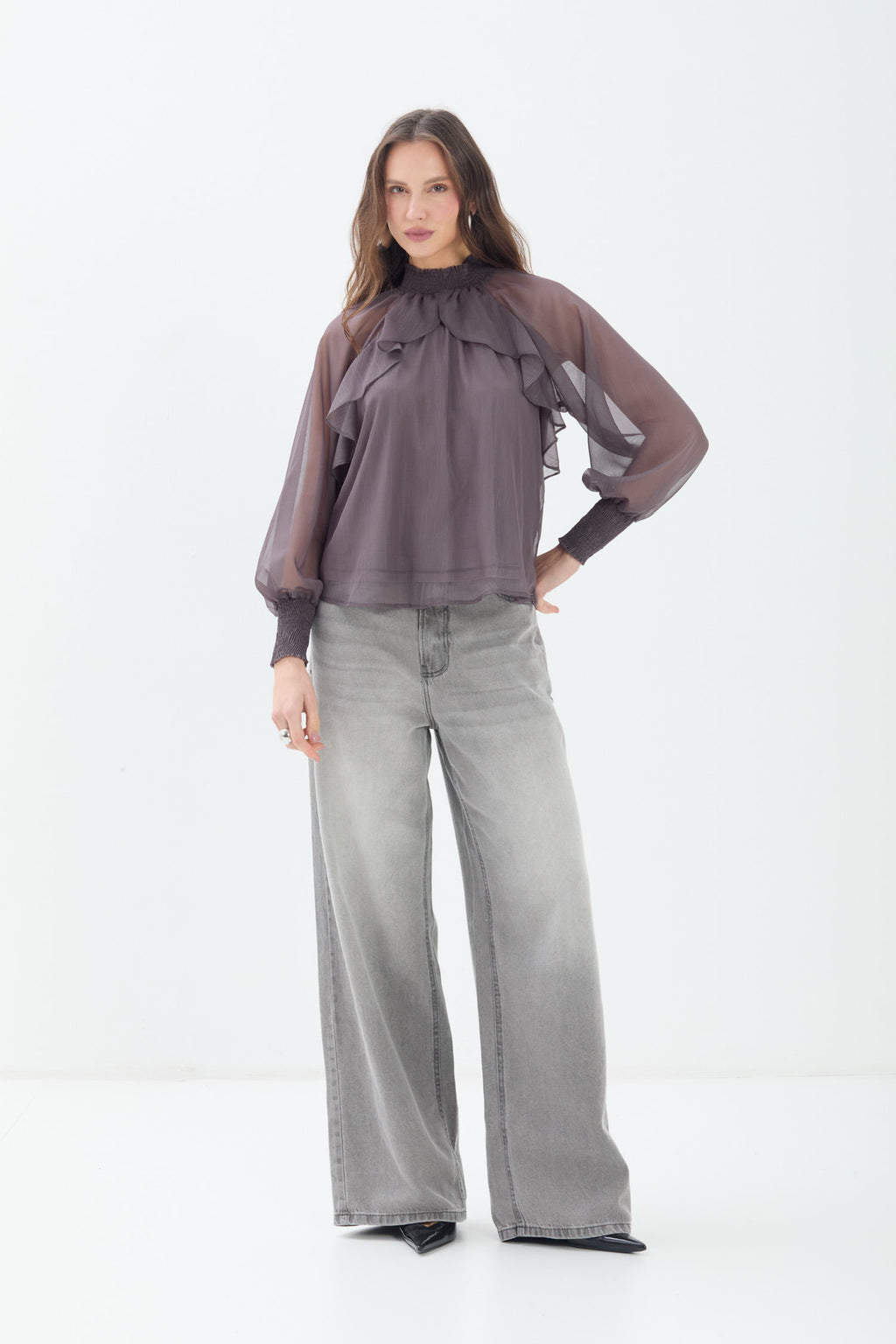 Blusa Com Babados ACT Feminina Light Silver