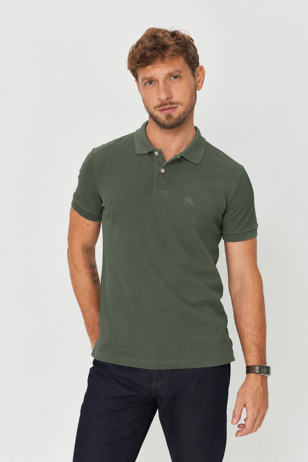 Polo Casual Com Elastano Masculina Acostamento Verde Folhagem