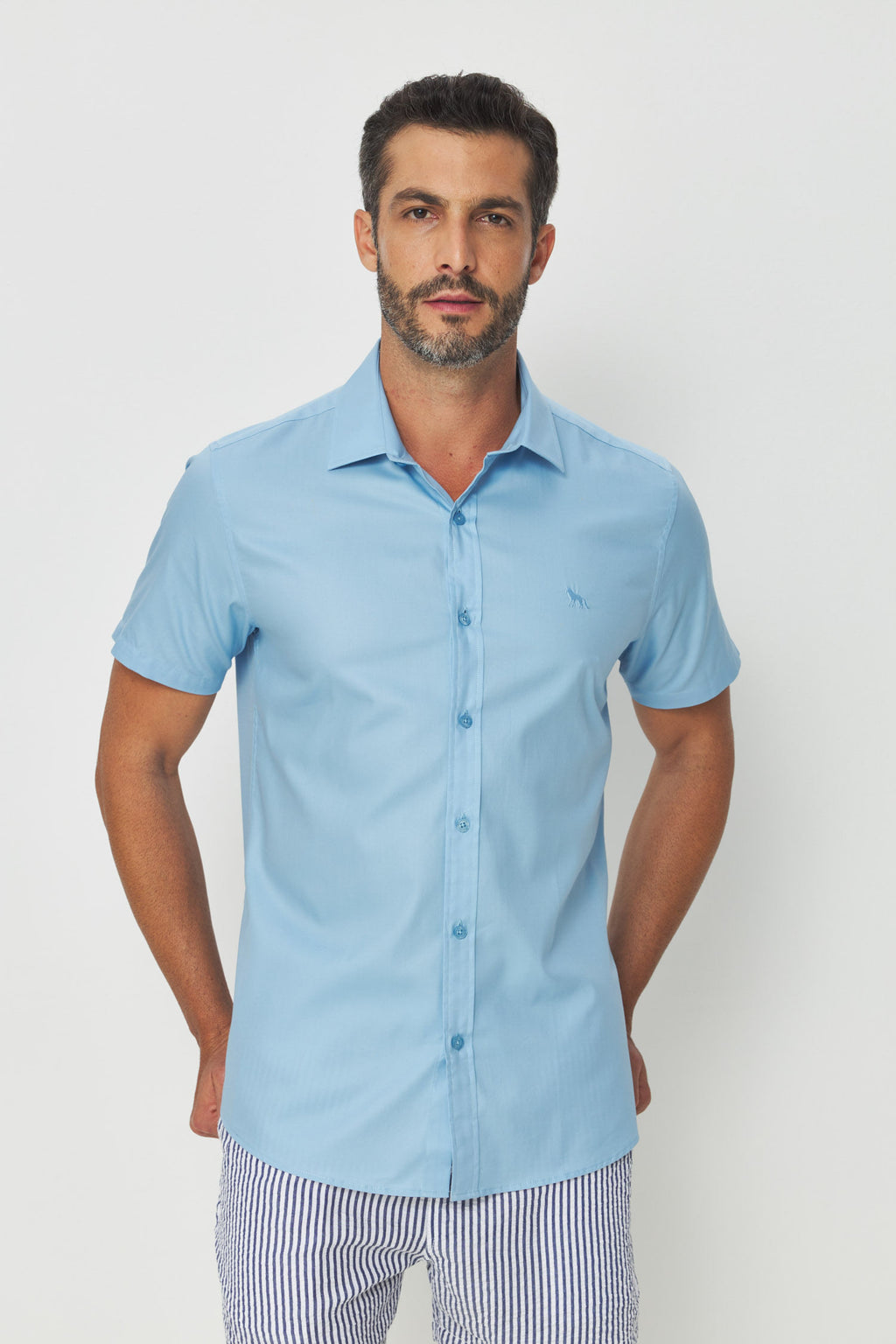 Camisa Manga Curta Cotton Masculina Acostamento Azul