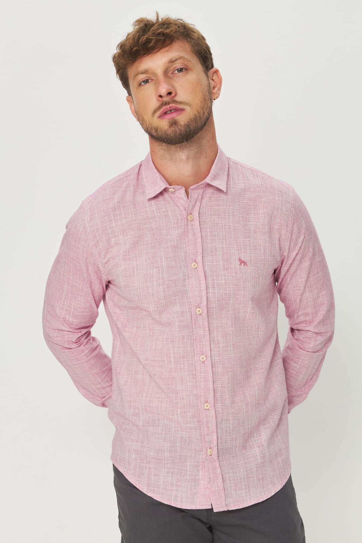 Camisa Leve Manga Longa Masculina Acostamento Bordo Mesclado