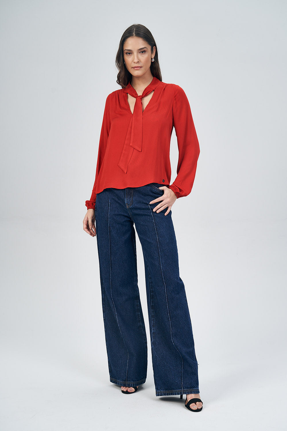 Blusa Manga Longa Com Laço Feminina  Acostamento Red Velvet