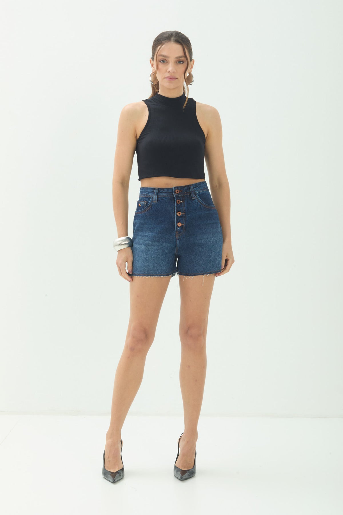 Shorts Jeans Cintura Alta ACT Feminino Jeans Intermediario