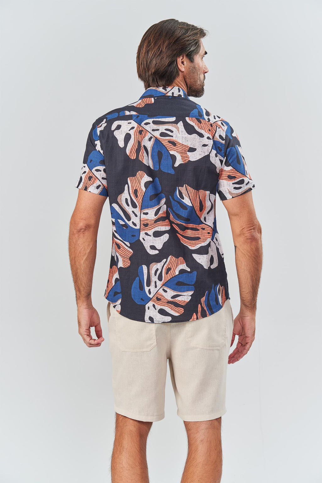 Camisa Manga Curta Monstera Masculina Acostamento Marinho Estampado