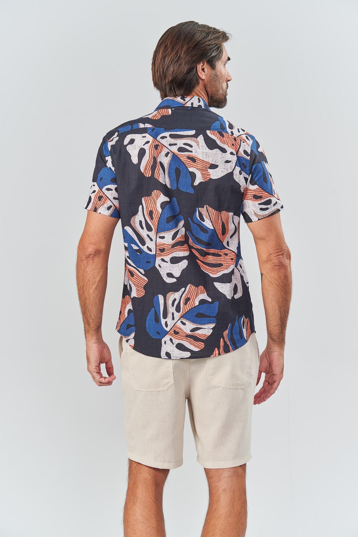 Camisa Manga Curta Monstera Masculina Acostamento Marinho Estampado