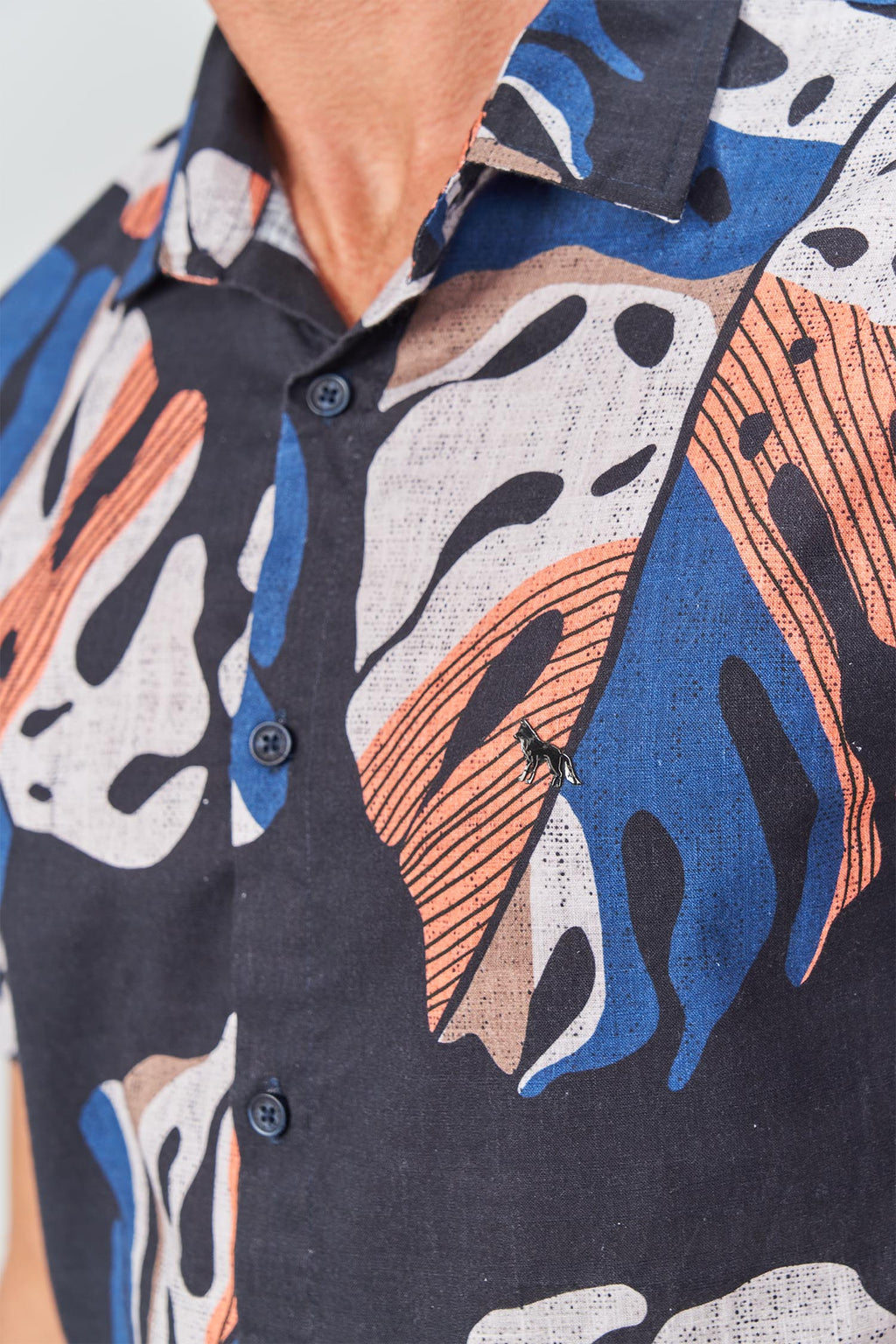 Camisa Manga Curta Monstera Masculina Acostamento Marinho Estampado