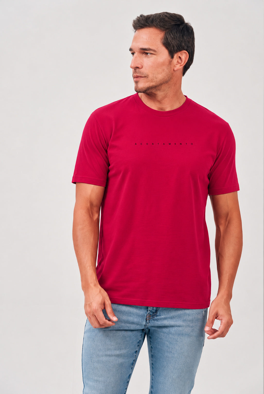 Camiseta Lettering Minimalista Masculina Acostamento Vermelho Hibisco