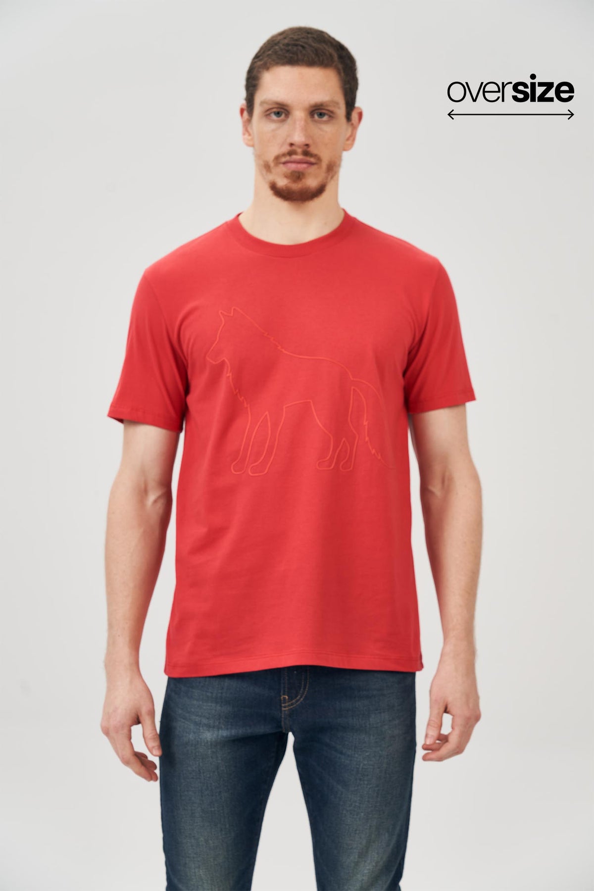 Camiseta Lobo Contorno Masculina Oversize Acostamento Vermelho Hibisco