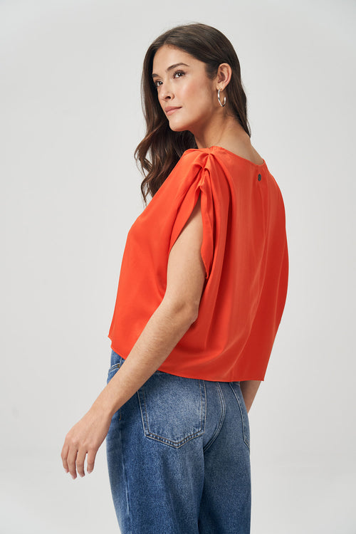 Blusa Detalhe Pregas Feminina Acostamento Orange Rust