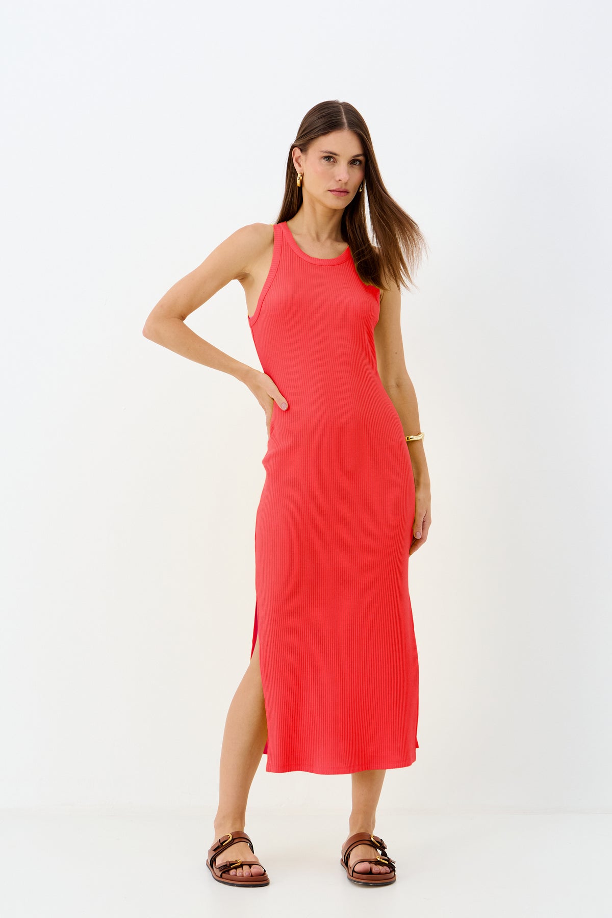 Vestido Midi Canelado com Fenda Lateral ACT Feminino Fendi