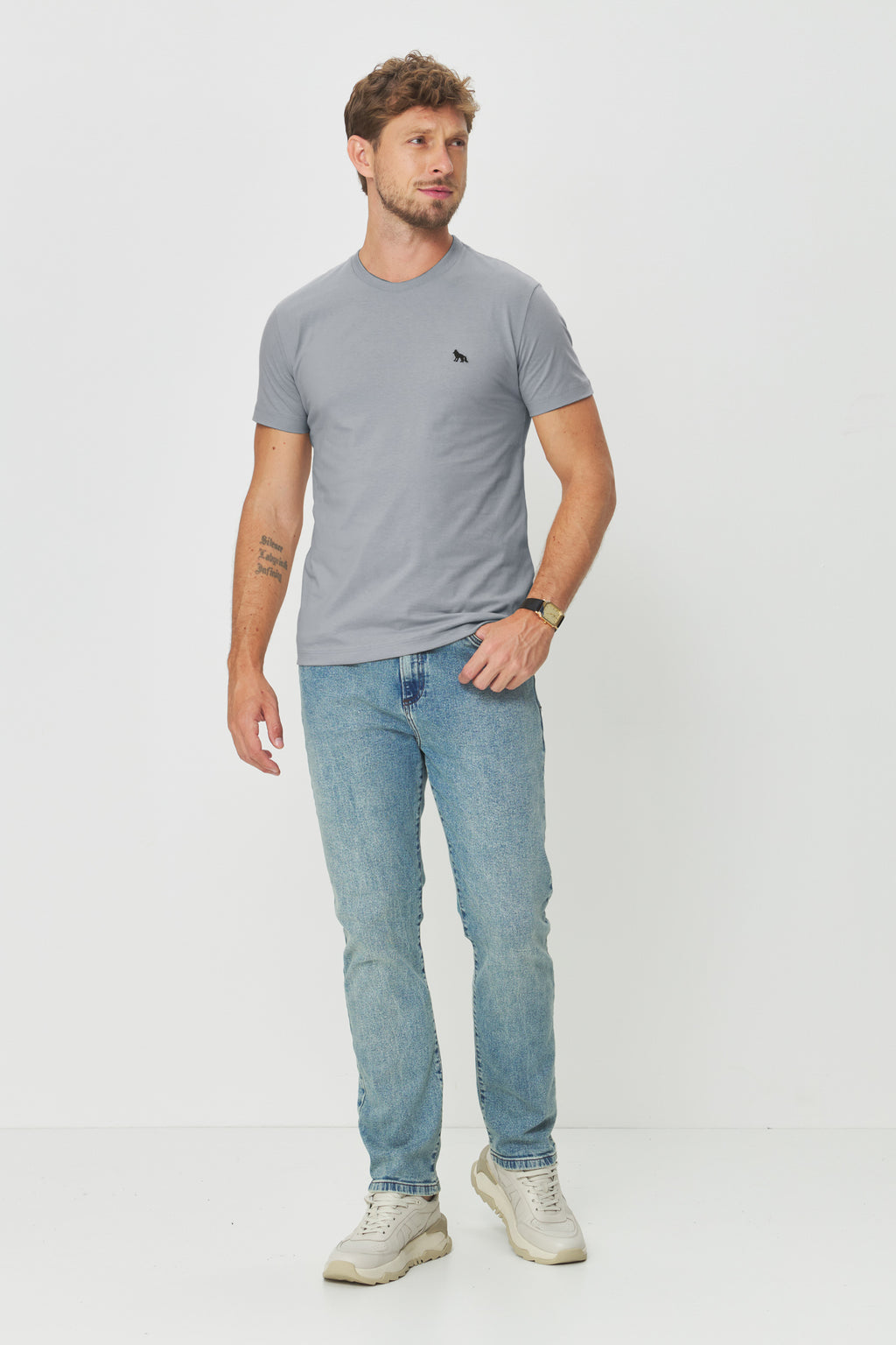Camiseta Logo Bordada Masculina Acostamento Cinza Gelo
