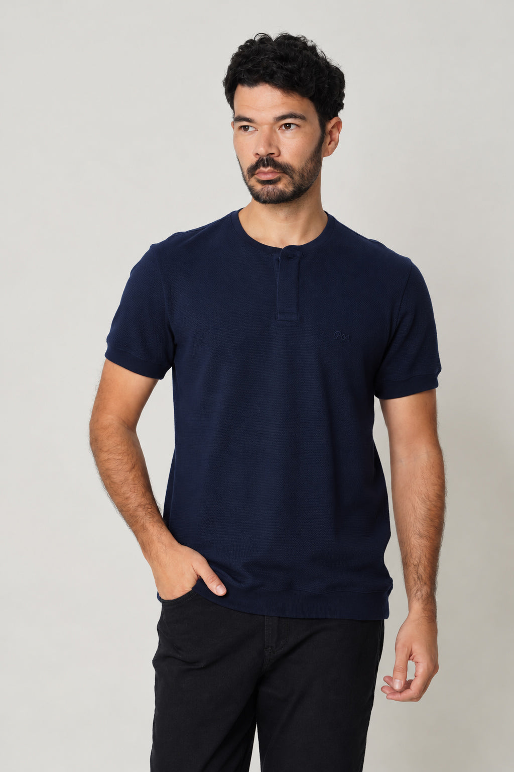 Camiseta Henley Bordada Masculina Acostamento Marinho
