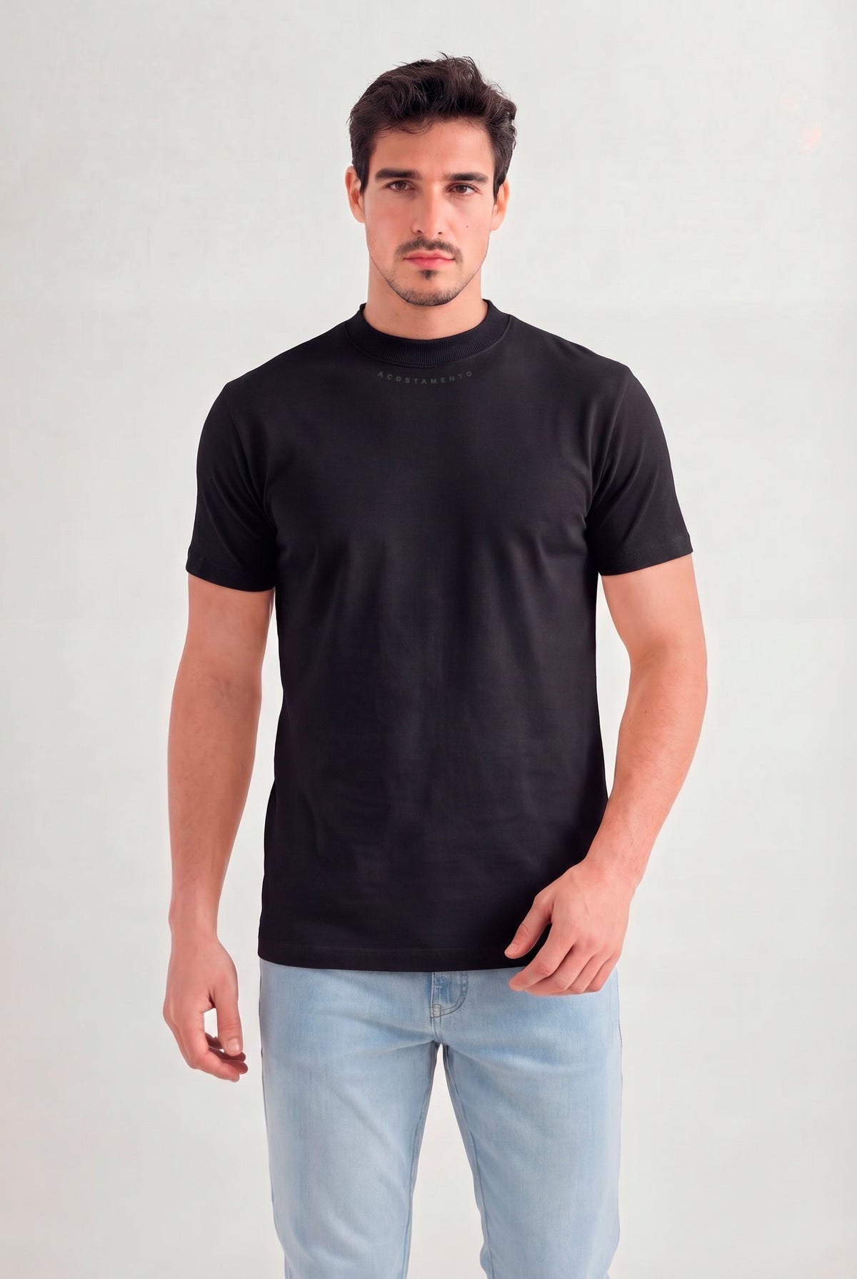 Camiseta Casual Gola Ribana Masculina Acostamento Preto