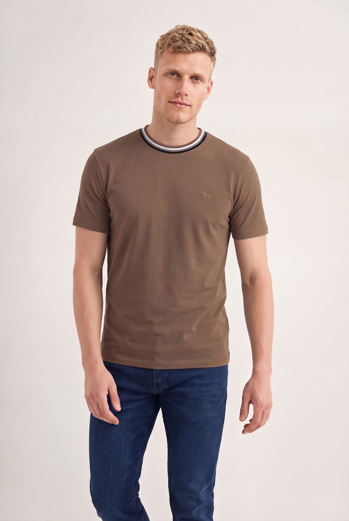 Camiseta Gola Contrastante Masculina Acostamento Marrom Castanho