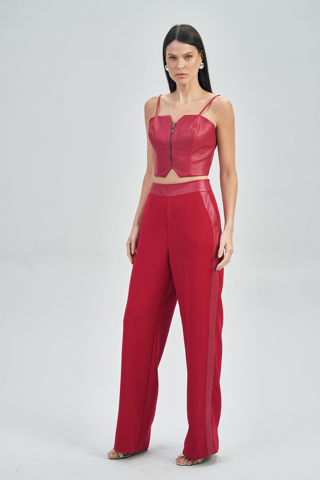 Top PU Zíper Frontal Feminino Acostamento Cranberry