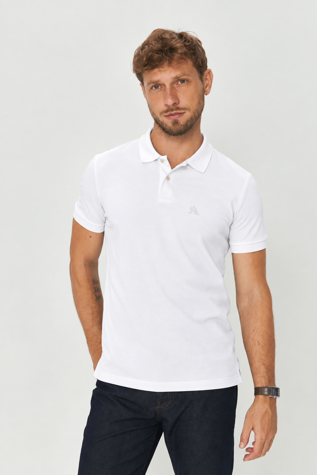 Polo Casual Com Elastano Masculina Acostamento Branco