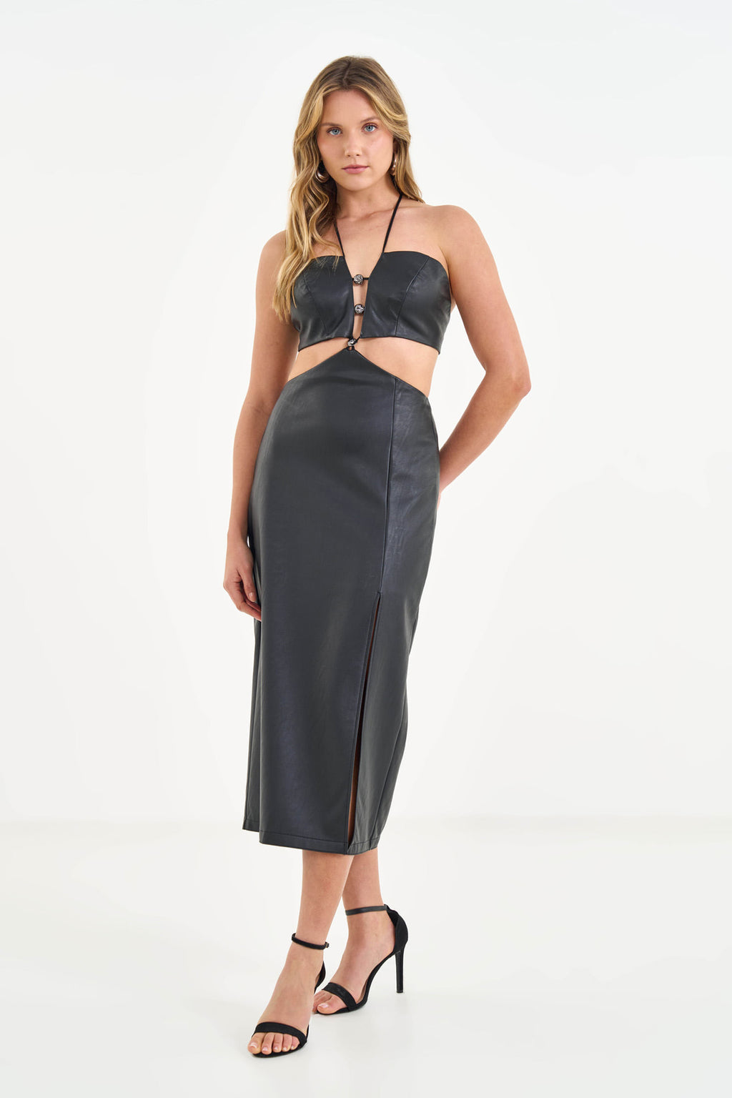 Vestido Midi PU Cut Out com Fenda ACT Feminino Preto