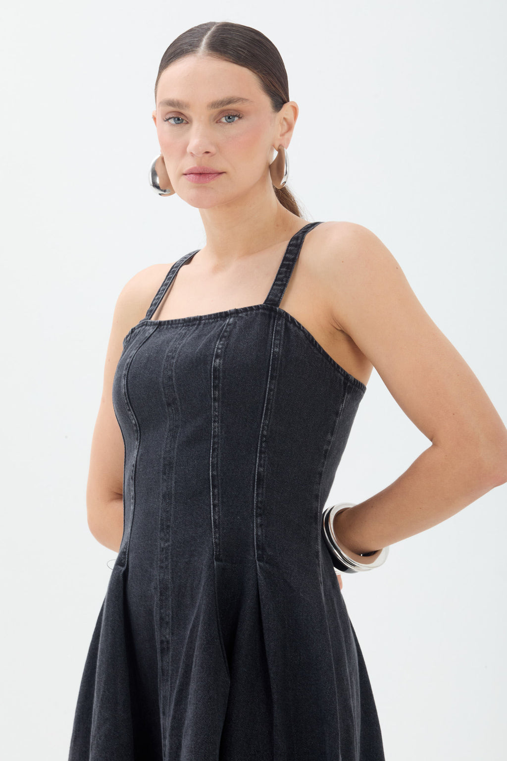 Vestido Jeans Midi Com Alças ACT Feminino Jeans Escuro