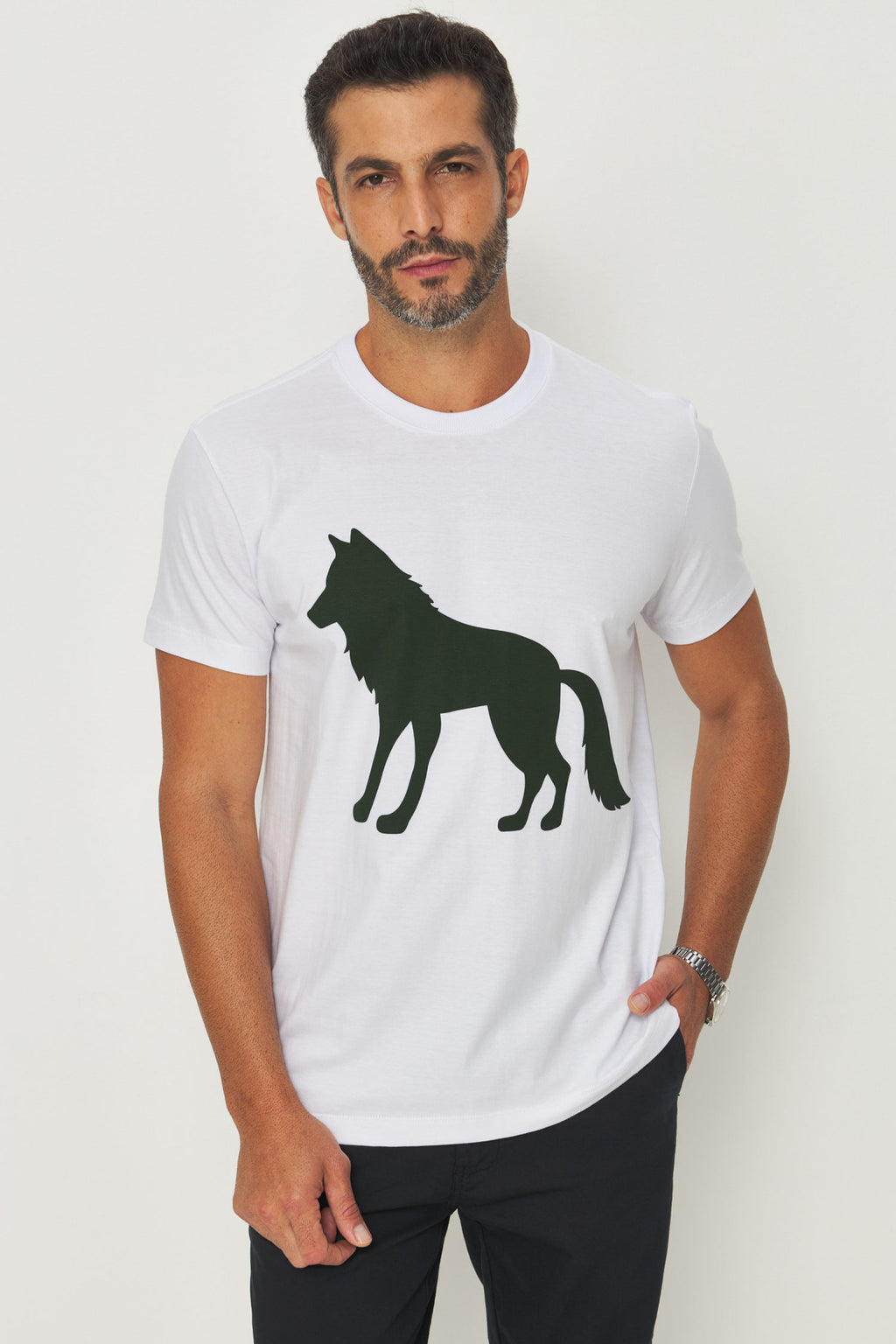 Camiseta Estampa Lobo Frontal Masculino Acostamento Branco C/ Estp Verde Folhagem