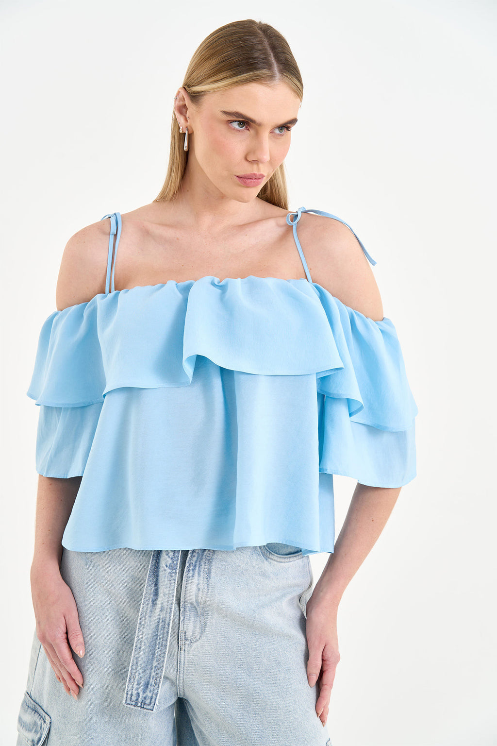 Blusa Fluida Ombro a Ombro com Babado ACT Feminino Clear Blue