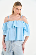Blusa Fluida Ombro a Ombro com Babado ACT Feminino Clear Blue
