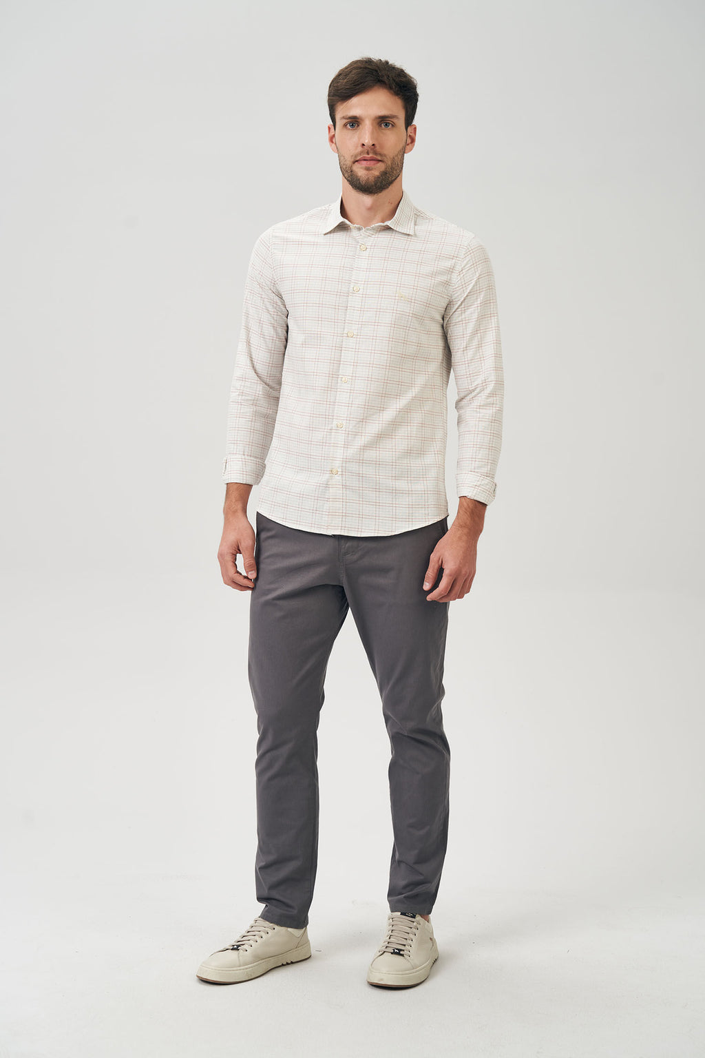 Camisa Manga Longa Xadrez Nature Masculina Acostamento Xadrez Off White C/ Azul E Rosa