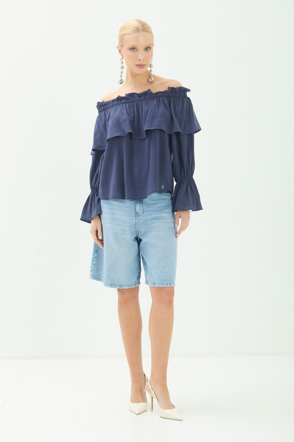 Blusa Ombro A Ombro Com Babados ACT Feminina Royal Blue