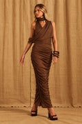 Vestido Longo Com Gola Drapeada ACT Feminino Deep Brown