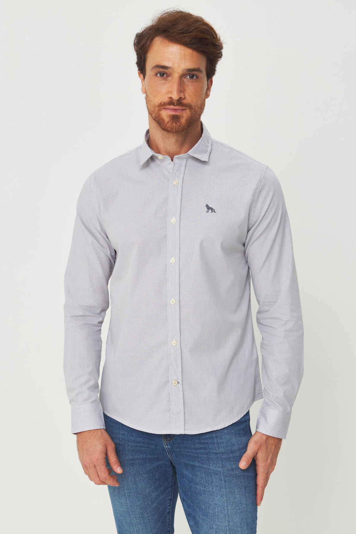 Camisa Manga Longa Listrada Masculina Acostamento Micro Listra Cinza C/ Branco
