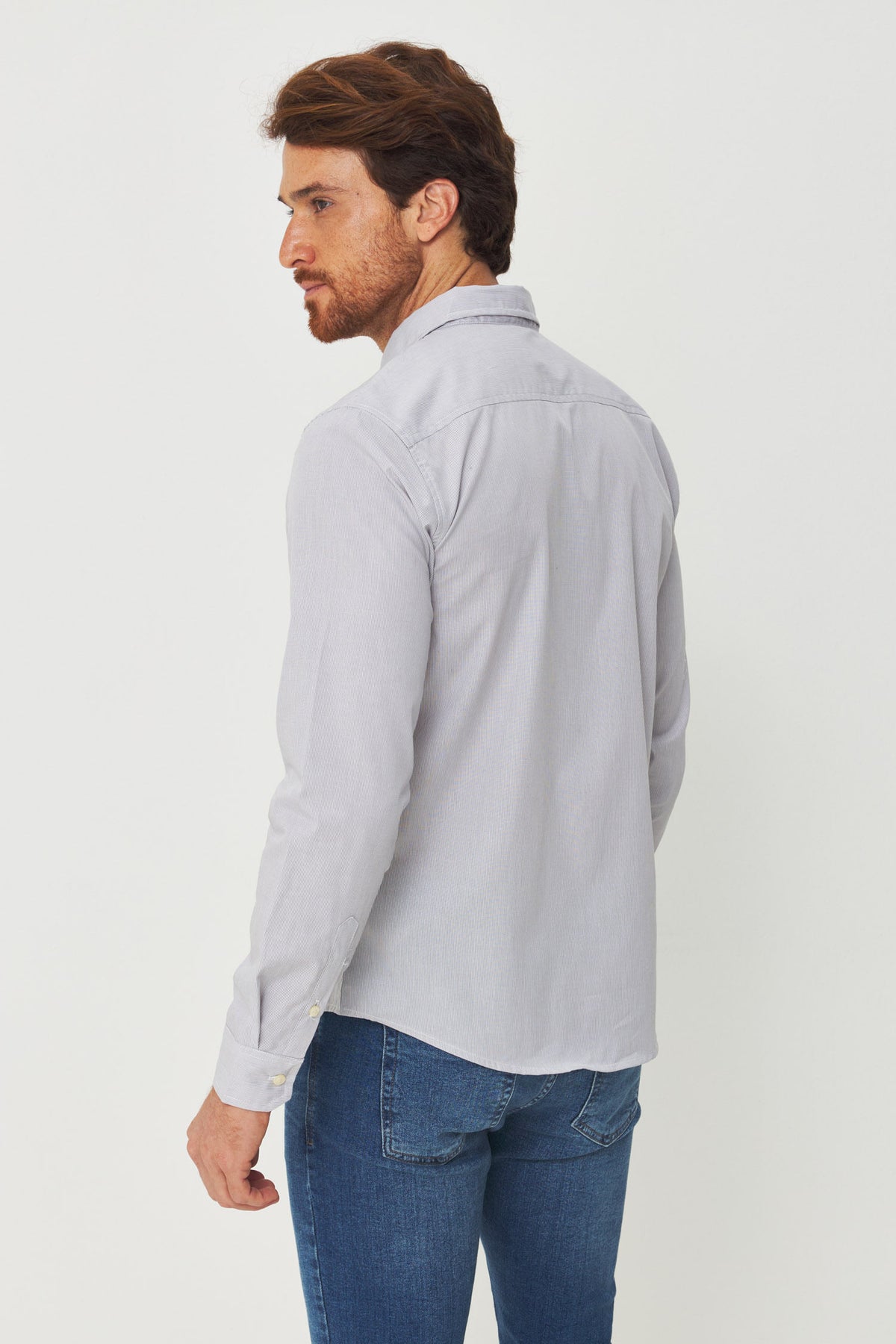 Camisa Manga Longa Listrada Masculina Acostamento Micro Listra Cinza C/ Branco